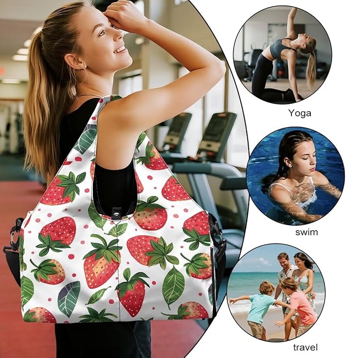 Gym Bag Women Strawberry Note Workout Bag with Shoe Compartment, Wet Pocket,Travel Tote Bag with Mat Carrier, Waterproof Overnight Bag Carry On Weekender