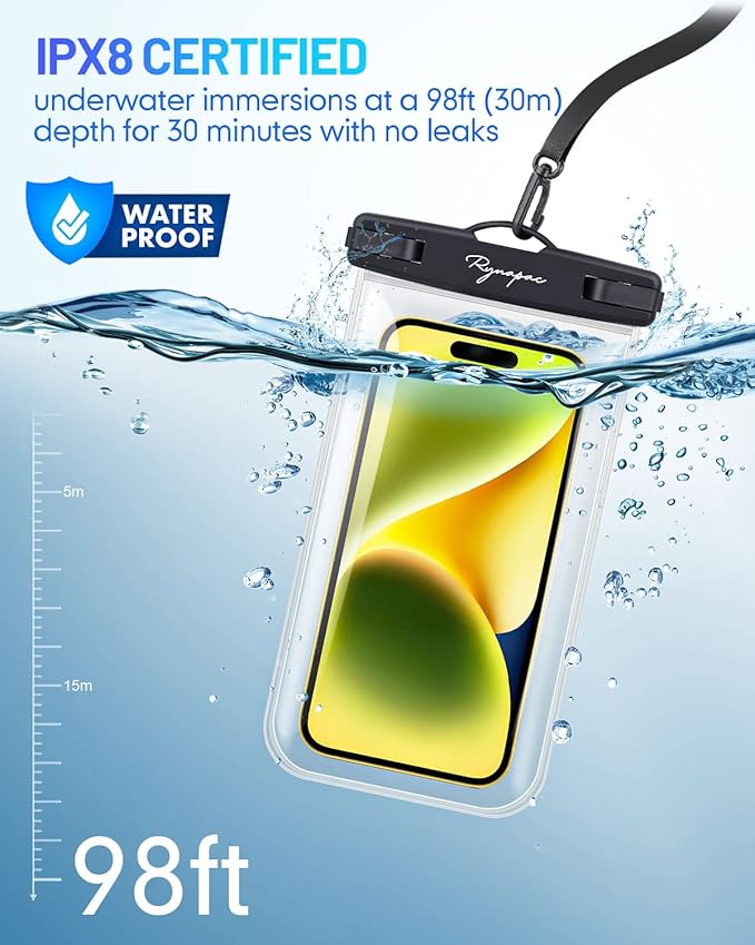 Waterproof Phone Pouch Bag - 7.5in Waterproof Phone Case for Beach Travel Must Haves, IPX8 Underwater Holder with Lanyard for iPhone 16 15 Pro Max Galaxy S24+ 23 Pixel 8a, Cruise Essentials