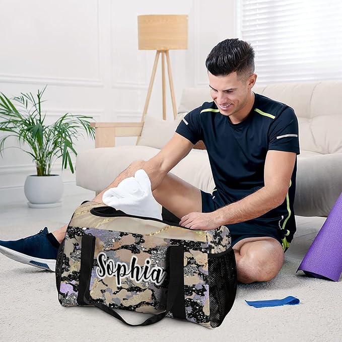 Khaki Grey Camo Sparkle Print Waterproof Duffel Bag, Adjustable Shoulder Strap Pack, Perform Training Travel Bag for Teens Adults Women Men