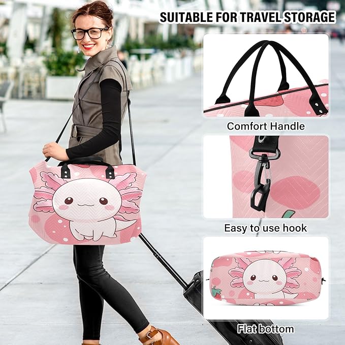 Travel Duffle Bag, Strawberry Axolotl Gym Bag with Storage Bag Weekender Overnight Bag for Men Women Trip Sports Yoga