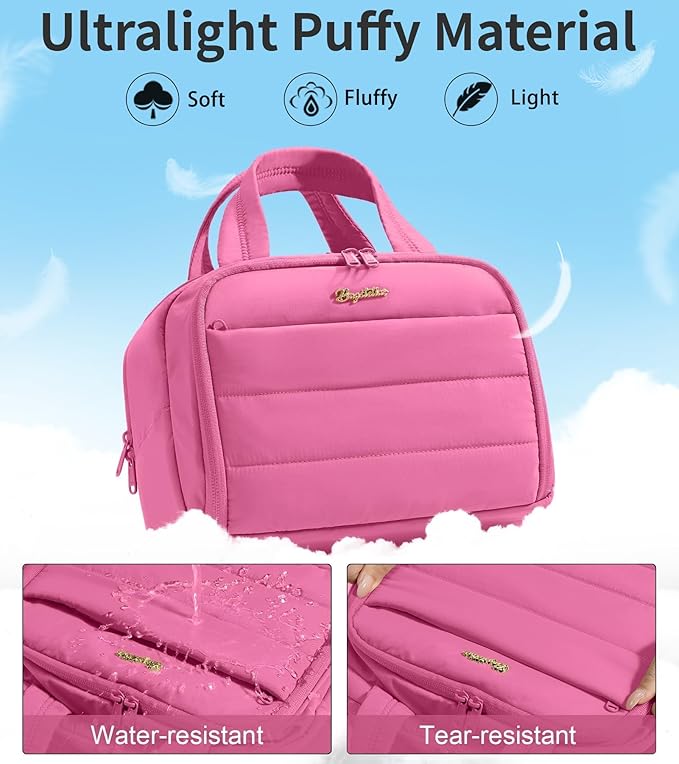 Travel Toiletry Bag for Women, Lightweight Large Quilted Puffy Makeup Bag Wide-open Make up Organizer Cloud Cosmetic Bag w/Handle for Traveling, Toiletries Essentials Accessories Rose Pink