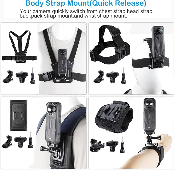 Accessories Kit for Insta360 One X5/X4/X3/X2/X, One R, X and GoPro Hero 9,New Quick Release Head Strap Mount + Chest Mount Harness + Backpack Strap Clip + 360°Rotating Wrist Strap