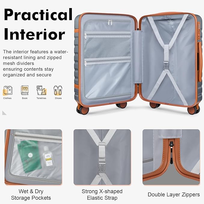 Luggage Sets 3 Piece with Spinner Wheels, Lightweight PC Hardside Suitcase with TSA Lock & YKK Zippers, 20 Inch Carry On Luggage with Travel Bag for Men and Women, Grey