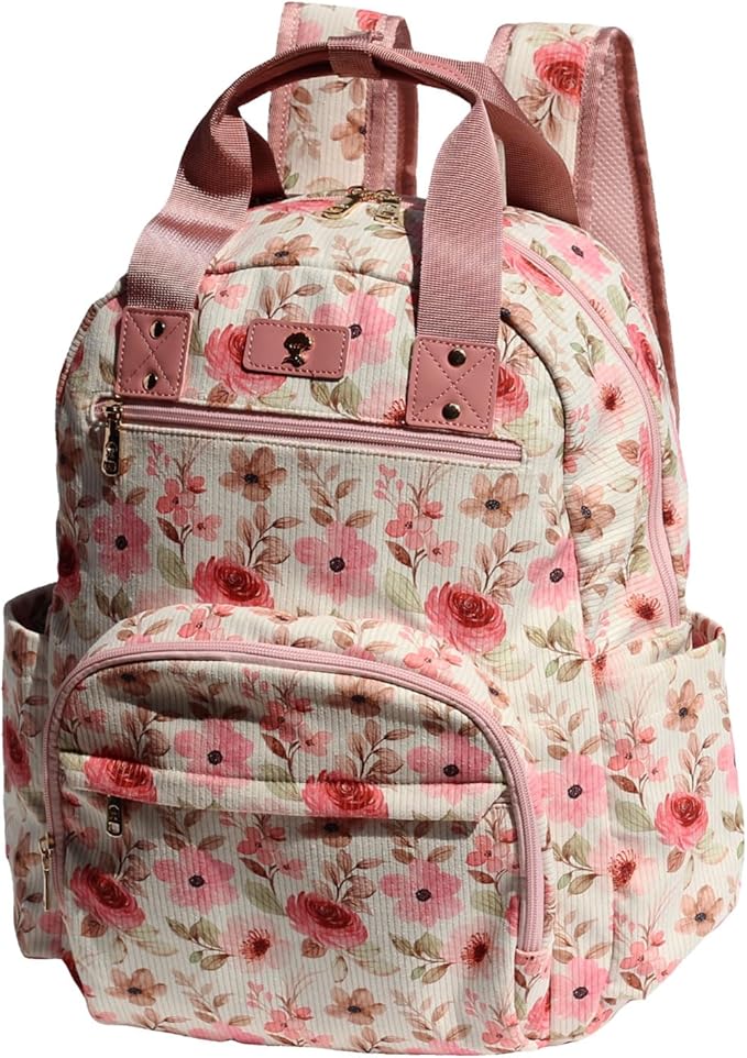 Diaper Bag Backpack, Large Capacity Multifunction Baby Essentials Fashion Travel Pack Linen Canvas office Laptop Bag (Corduroy Pink Flower)