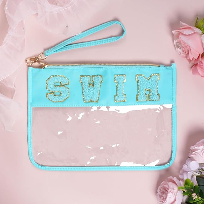 Chenille Letter Bag, Multi-purpose Nylon Clear Makeup Cosmetic Bags Flat Pouches with Zipper for Travel, Gym, Beach (Blue-Swim)