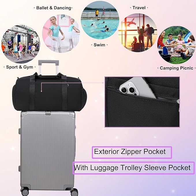 Dance Bag for Girls Duffle Bag Girls Overnight Bags Ballet Sleepover Gym Gymnastics Bags with Shoe Compartment and Wet Pocket,Black