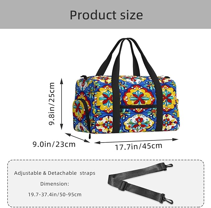 Sports Gym Bag Mexican Talavera Tiles Travel Duffel Bag With Shoe Compartment Shoulder Strap, Lightweight Water-Resistant Weekend Overnight Totes For Women Men