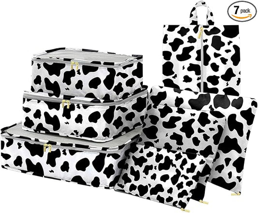 7 Set Packing Cubes Travel Luggage Organizers for Suitcase Travel Accessories with Shoe Bag for Women Girls Aesthetic Cute-Black White Cow Pattern