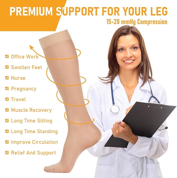 2 Pairs Sheer Compression Socks for Women - 15-20 mmHg Knee High Sheer Compression Stockings for Support Circulation Swelling Edema Work Office Travel, Beige, 2X-Large