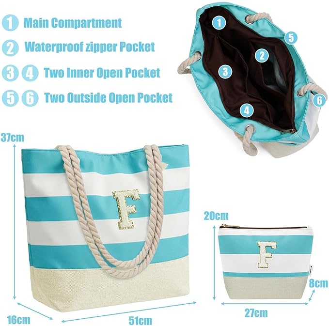 Vavabox Initial Beach Tote Bag for Women, Water-resistant Foldable Travel Beach Bag Set, Birthday Gifts for Women Mom