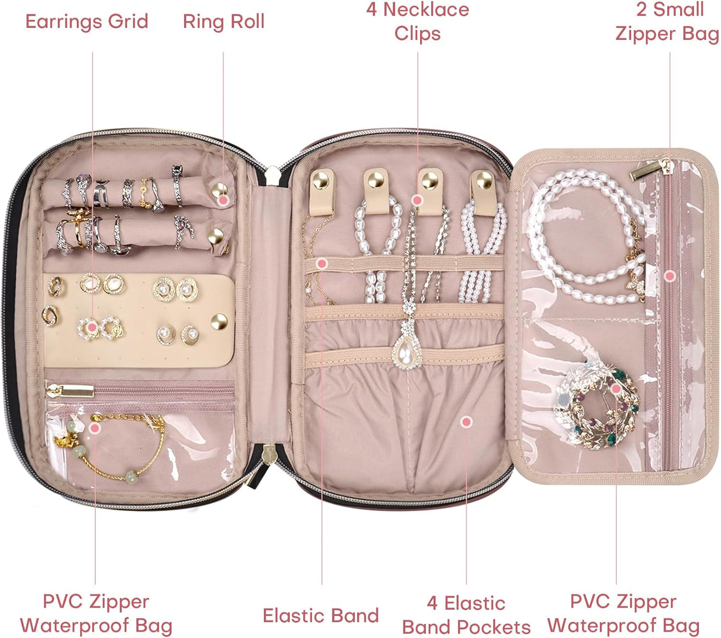 Jewelry Travel Case Organizer for Necklaces, Earrings, Rings, Bracelet, Watch, Soft Sided, Red Sandalwood