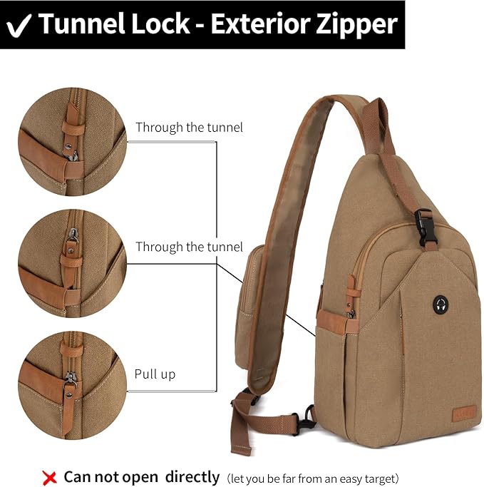 Sling Bag for Men, Anti Theft Crossbody with Tunnel Lock, Waterproof Canvas Shoulder Backpack for Travel Hiking Daily