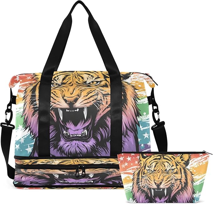 Travel Duffel Bags for Women Cool Tiger Head Sports Duffel Bags Gym Bags with Shoes Compartment Tote Bag Weekender Bag for Travelling