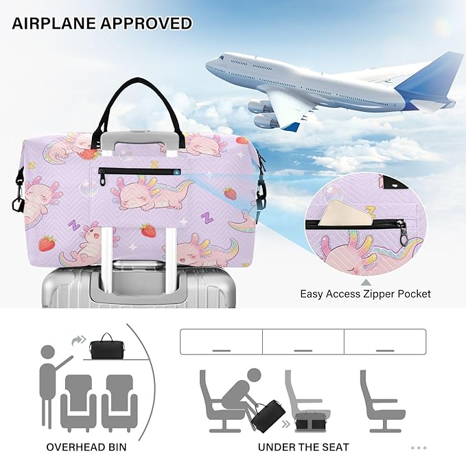 Travel Duffle Bag, Good Night Strawberry Axolotl Gym Bag with Storage Bag Weekender Overnight Bag for Men Women Trip Sports Yoga