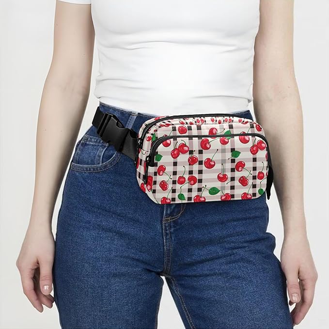 Cherry Red Checkered Plaid Fanny Pack for Women Men Water Resistant Fashion Waist Packs with Adjustable Strap Belt Bag for Travel Workout Jogging Hiking 21219407