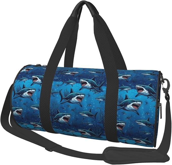 Small Gym Bag Waterproof Duffle Bag Cool Dinosaur And Ocean Sharks for Men Women Workout Bag for Travel, Sports, Fitness, Training, Yoga, Hospital