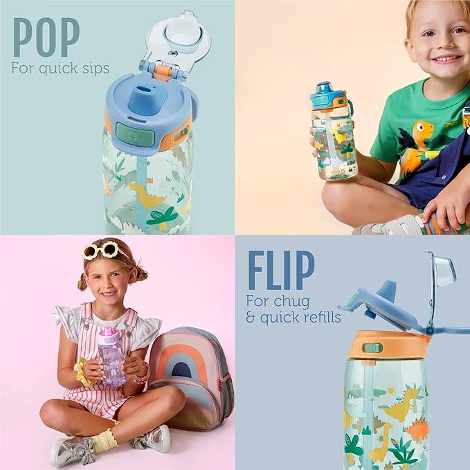 Ello Kids Pop & Fill 16oz Tritan Plastic Water Bottle with Quick Fill Technology, Leak Proof Locking Lid, Sip & Chug, BPA Free, Dishwasher Safe, For School, Lunchboxes, Construction