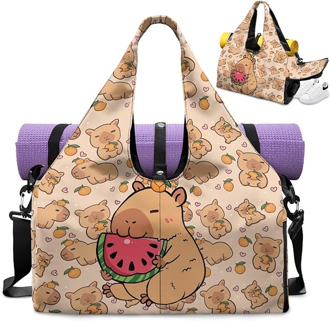 Capybara Watermelon Gym Duffel Bag for Women with Shoe Compartment and Yoga Mat Holder Cute Luggage Sports Travel Carry On Bag Overnight Duffel Bags Lightweight