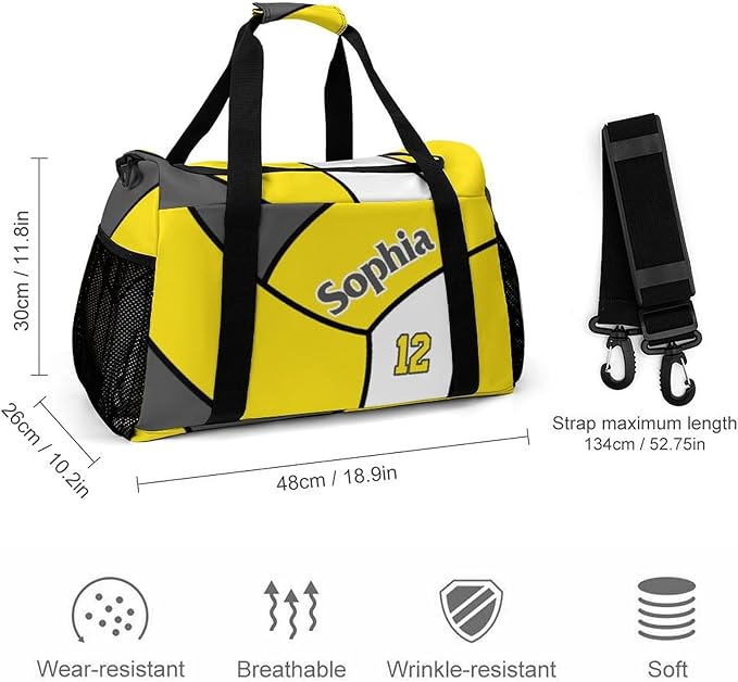 Custom Volleyball Yellow Duffel Bag with Name Personalized Travel Bags Sport Gym Bag Carry On Weekender Bags for Men Women