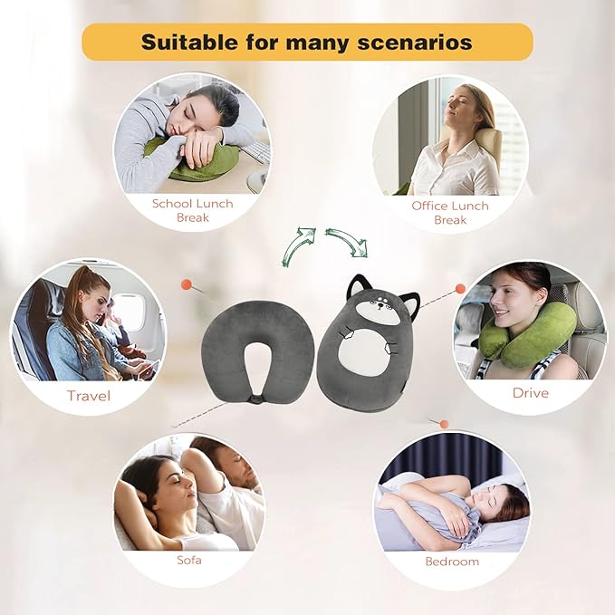 Kids Travel Pillow - 2-in-1 Deformable Kids Neck Pillow for Traveling, Soft U-Shaped Pillow with Adorable Animal Design, Comfy Sleep and Play, Ideal for Airplanes and Cars - Gray Husky