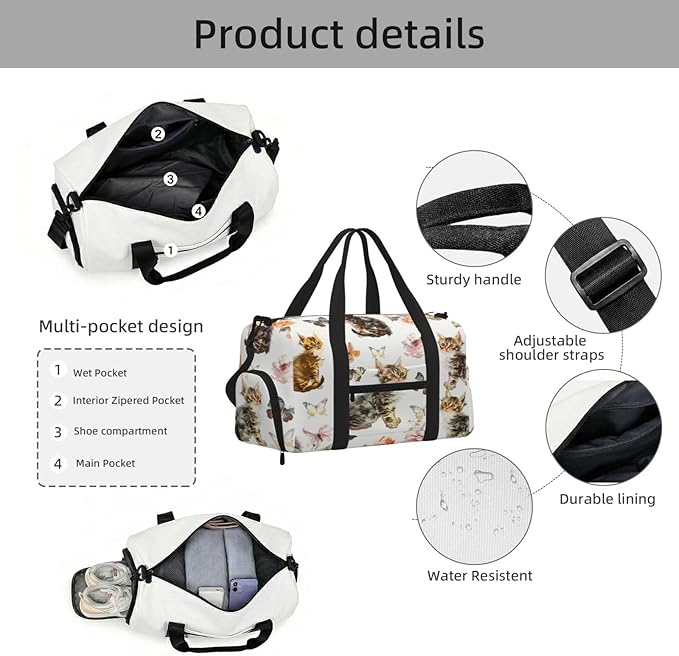 Sports Gym Bag Butterflies Cats Kittens Pattern Travel Duffel Bag With Shoe Compartment Shoulder Strap, Lightweight Water-Resistant Weekend Overnight Totes For Women Men