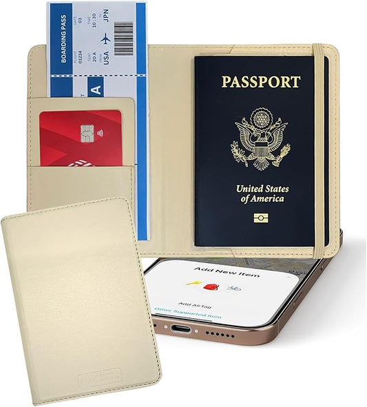 Smart Passport Holder with Built-in Wireless Tracker – MFi Certified – Compatible with Apple Find My – Travel Wallet with Card Slots, Boarding Pass Pocket & SIM Storage – PU Leather (Milky White)