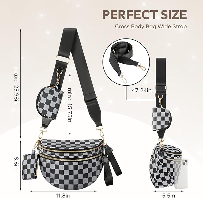 Cross Body Bag for Women Bum Bag Checkered Belt Bags Fanny Packs for Girls Travel Purse Fashion Waist Packs Crossbody Nylon Purse Trendy Shoulder Bags for Womens