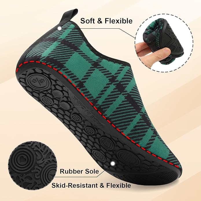 QFH Womens & Mens Cozy House Slippers - Portable Travel Shoes with Flexible Rubber Sole & Soft Velvet Lining