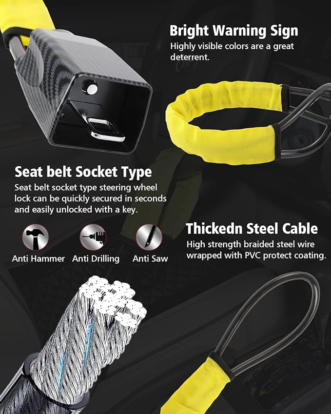 2026 Upgraded Steering Wheel Lock, Seatbelt Lock, Universal Anti-Theft Device, Car Lock, Anti-Theft Device with 3 Keys, Suitable for Most Vehicles, Trucks, SUVs, Vans (Yellow)