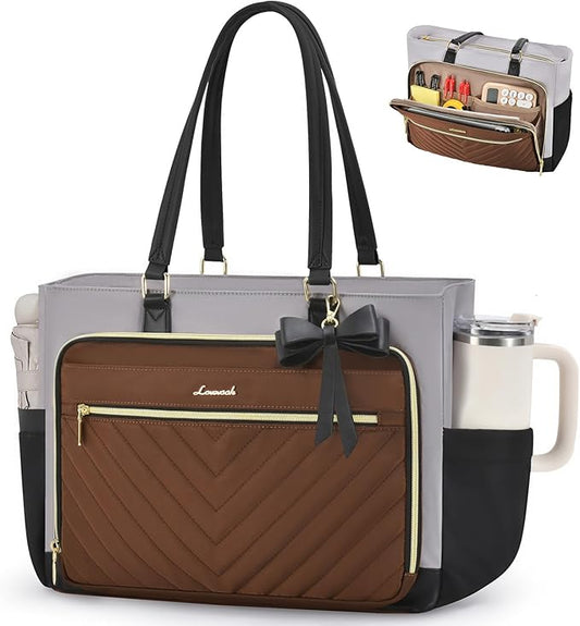 LOVEVOOK 17 Inch Laptop Tote Bag for Women, Work Bag for Nurse with Large Cup Holder, Nurse Diaper Bag for Travel, Computer Women's handbags for Teacher gift, Brown-gray-black