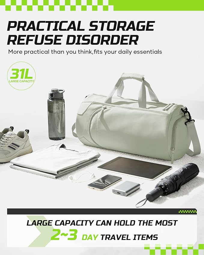 Gym Bag for Women And Mens with Shoe Compartment, Large Duffle Bag with Wet Pocket Carry-on Gym Duffle Bag for Travel and Sports Weekender Overnight Workout Bag Grass Green