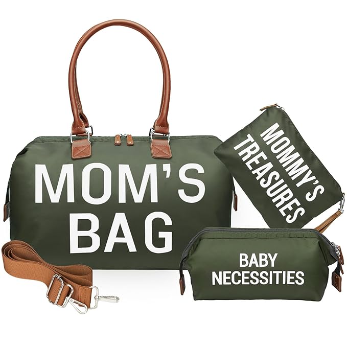 printe Mom's Bag, Hospital Bag for Labor and Delivery, Large Mommy Diaper Tote for Mom Overnight Travel, Waterproof Baby Handbag with Pouches and Straps, Olive Green