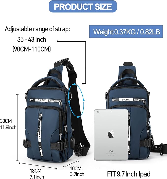 Blue Sling Crossbody Backpack Shoulder Messenger Bag for Men, Mini Anti Theft One Strap Motorcycle Backpack Sling Tactical Chest Bag for Hiking Walking Biking Travel Cycling