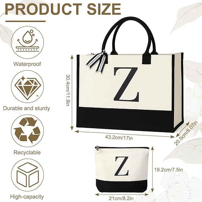 Personalized Canvas Tote Bag for Women Makeup Pouch Initial Beach Bag Removable Bottom Board for Travel Birthday