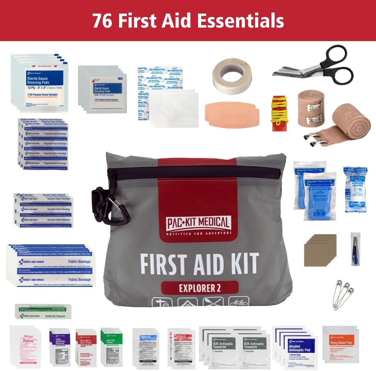 Pac-Kit Watertight Explorer 2 First Aid Kit for Hiking, Camping and Outdoor Activities, 76 Pieces