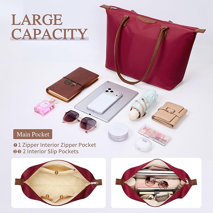 Tote Bag for Women, Nylon Top-Handle Purse with Zipper, Lightweight Foldable Shoulder Hobo Handbag