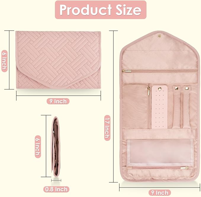 Travel Jewelry Organizer Bag Anti-Tangle Foldable Small Jewelry Roll Travel Case Accessory for Necklaces, Earrings, Rings, Bracelets, Watches, Pink