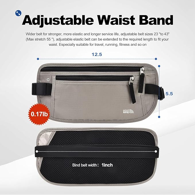 Unisex Money Belt with RFID Blocking Sleeves, Slim Passport Holder RFID Blocking Travel Essentials, Waist Pouch to Protect Cash, Light Grey & 6 Sleeves