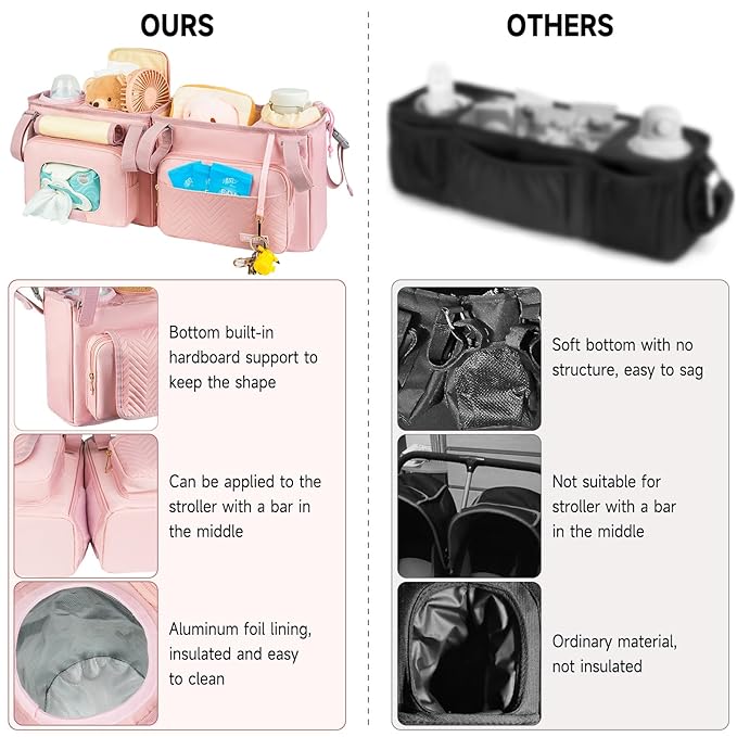 Double Stroller Caddy Compatible with Bob Duallie,Baby Jogger City Mini Gt2 and Zoe Twin V2,Double Stroller Parent Console with Cooler Bag and Cup Holder,Pink
