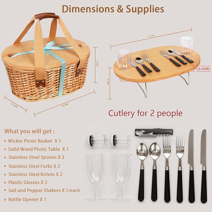 Hap Tim Wicker Picnic Basket Set for 2 with Mini Folding Wine Picnic Table & Large Insulated Cooler Bag & Cutlery Service Kits for 2 Person, Couples Gifts, Wedding Gifts (Y2209-2-GR)