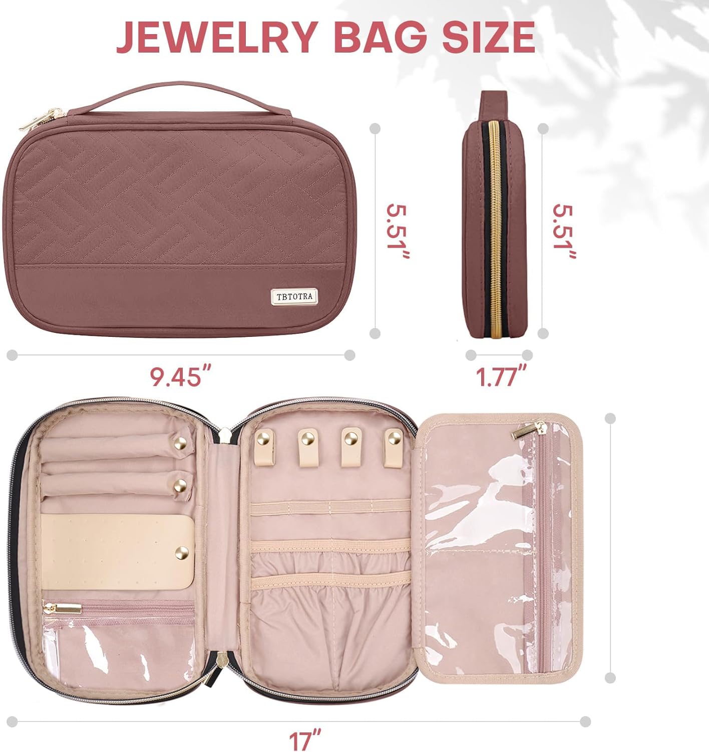 Jewelry Travel Case Organizer for Necklaces, Earrings, Rings, Bracelet, Watch, Soft Sided, Red Sandalwood