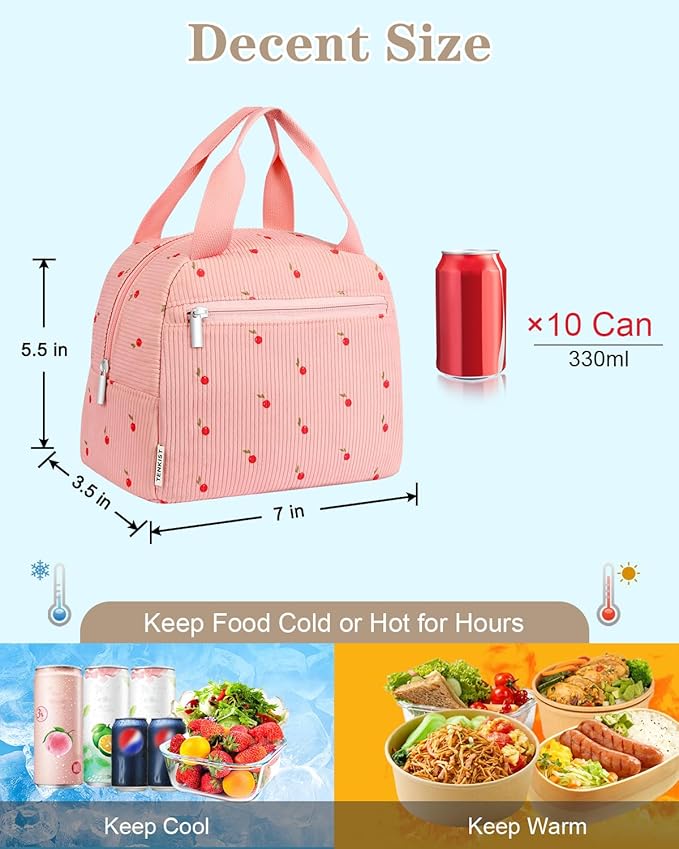 Cute Lunch Box Tote Bag - CoolerCorduroy Insulated Bags for Women - Lightweight Reusable Portable Soft Lunch Pail Kit for Kids Teen Girl Adults Work School Picnic Travel Pink 8L