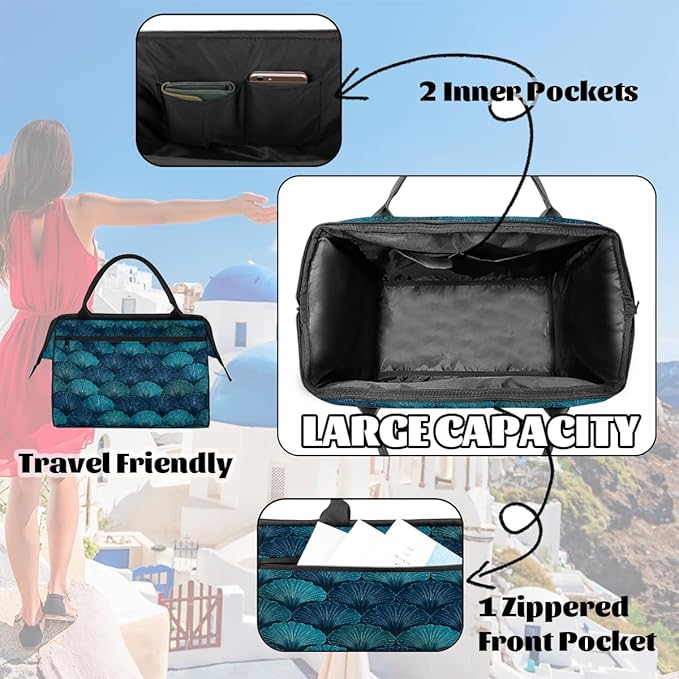 Overnight Weekender Bags for Women Men, Teal Blues Shells Waterproof Travel Carry On Duffel Bag, Lightweight Sports Gym Bag for Fitness, Workout, Travel