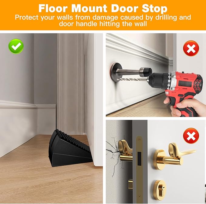 4 Pack Heavy Duty Metal Door Stop, Strongest Large Adjustable Spring Door Stopper Up to 3 inch Tall, Door Stoppers for Bottom of Door, Black Rubber Door Wedge for Any Heavy Doors