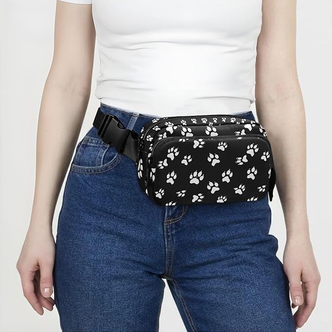 Black and White Animal Paw Fanny Pack for Women Men Water Resistant Fashion Waist Packs with Adjustable Strap Belt Bag for Travel Workout Jogging Hiking 21218274