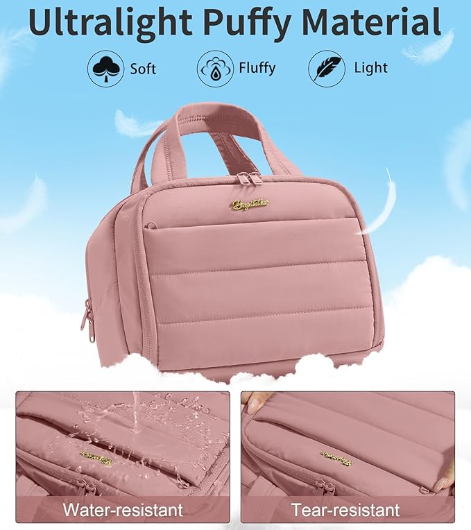 Travel Toiletry Bag for Women, Lightweight Large Quilted Puffy Makeup Bag Wide-open Make up Organizer Cloud Cosmetic Bag w/Handle for Traveling, Toiletries Essentials Accessories Dark Pink