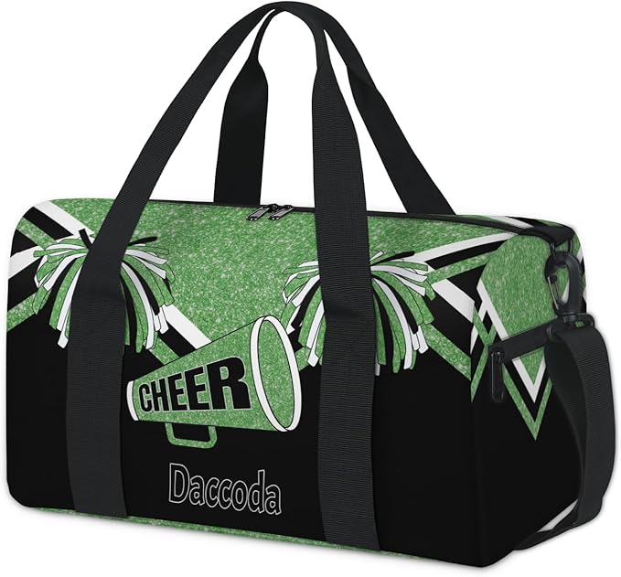 Custom Name Dance Bag, Personalized Name Gymnastics Sport Cheerleader Bag, Green Black Glitter Sequins Cheerleader Theme Barrel Ballet Duffel Tote Women