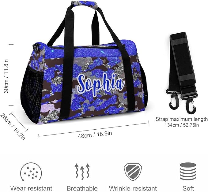 Personalized Sports Bag Name Duffel Bags with Adjustable Shoulder Strap Blue Navy Camouflage Bling Print Travel Bags Perform Training Weekender Bag