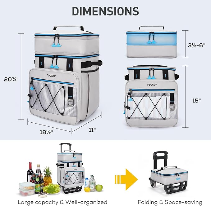 TOURIT 75 Can Insulated Rolling Cooler, Detachable Double Deck Beach Cooler with Wheels, Collapsible Soft Sided Cooler Bag for Beach, Camping, Picnic, Travel, Shopping