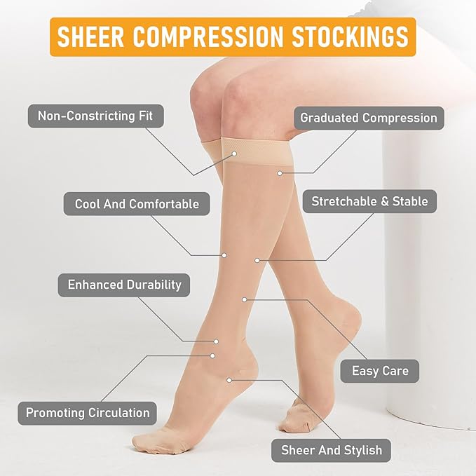2 Pairs Sheer Compression Socks for Women - 15-20 mmHg Knee High Sheer Compression Stockings for Support Circulation Swelling Edema Work Office Travel, Beige, Large